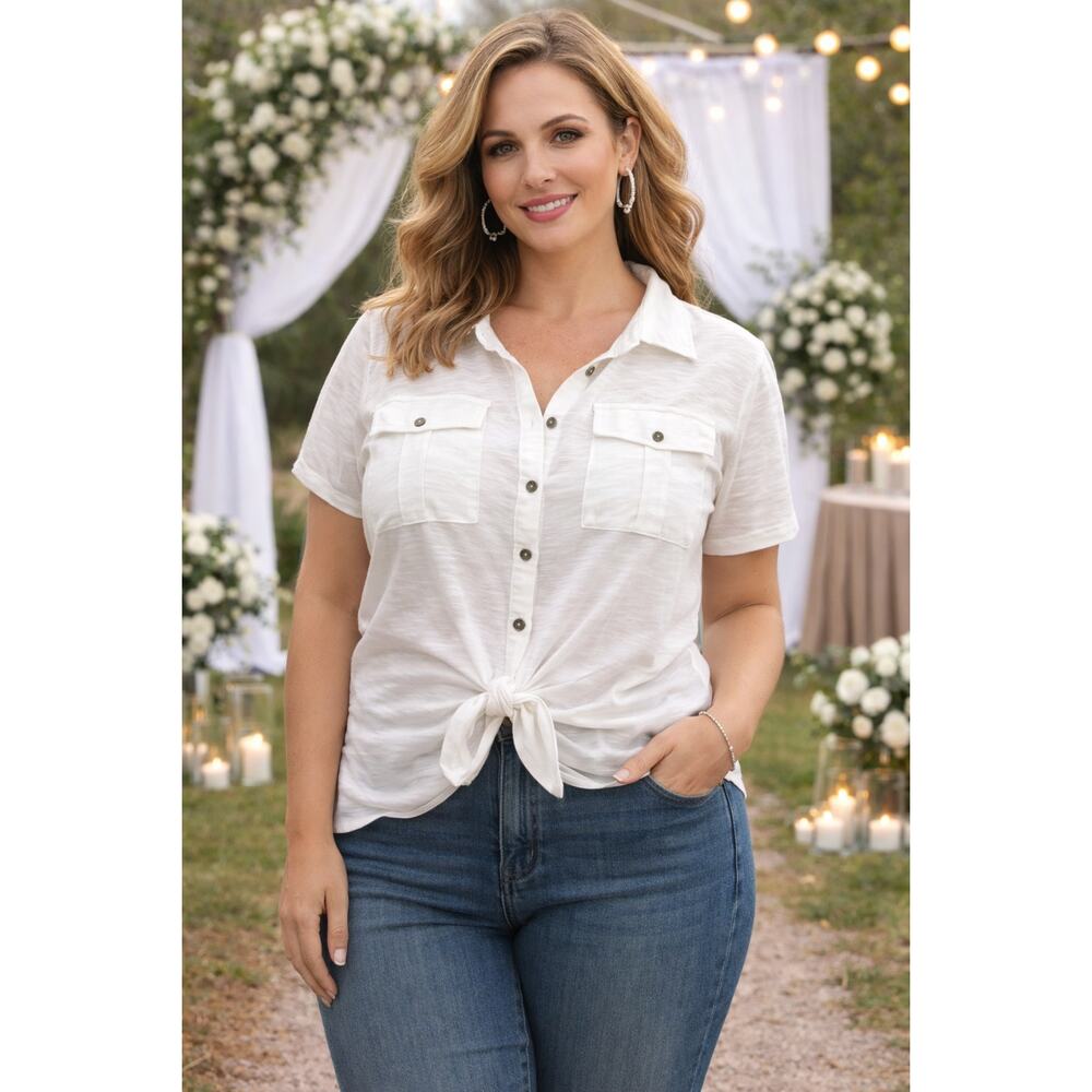 No Boundaries White Tie Front Shirt Womens XXL 19 Button Down Crop Top